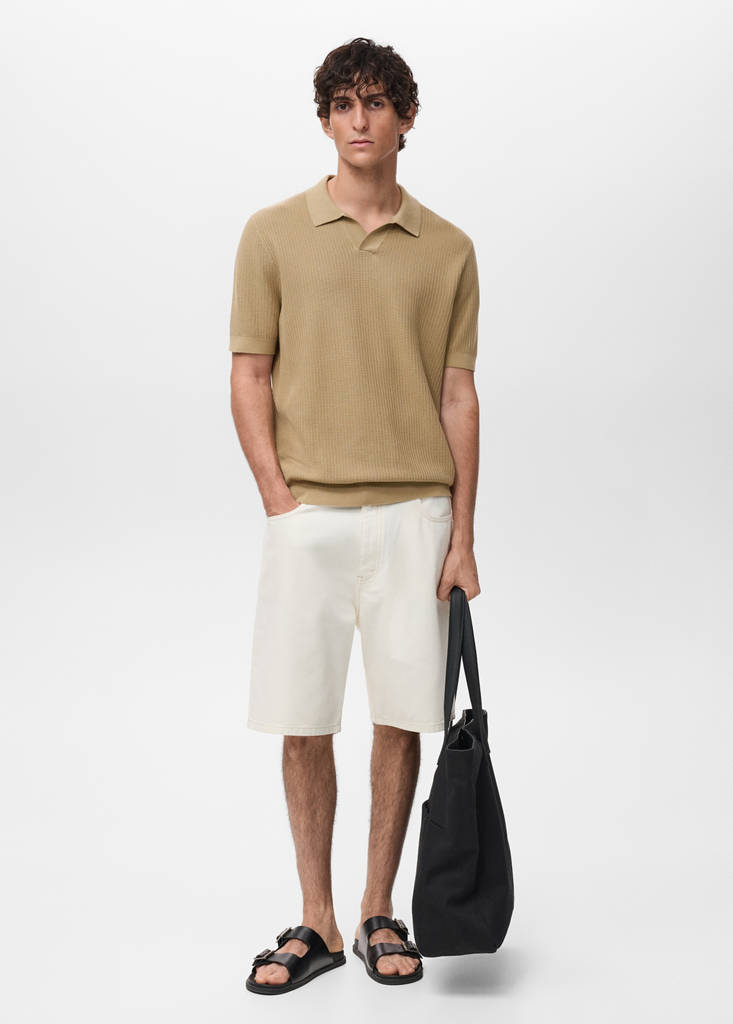 Structured cotton knitted polo shirt — Beige