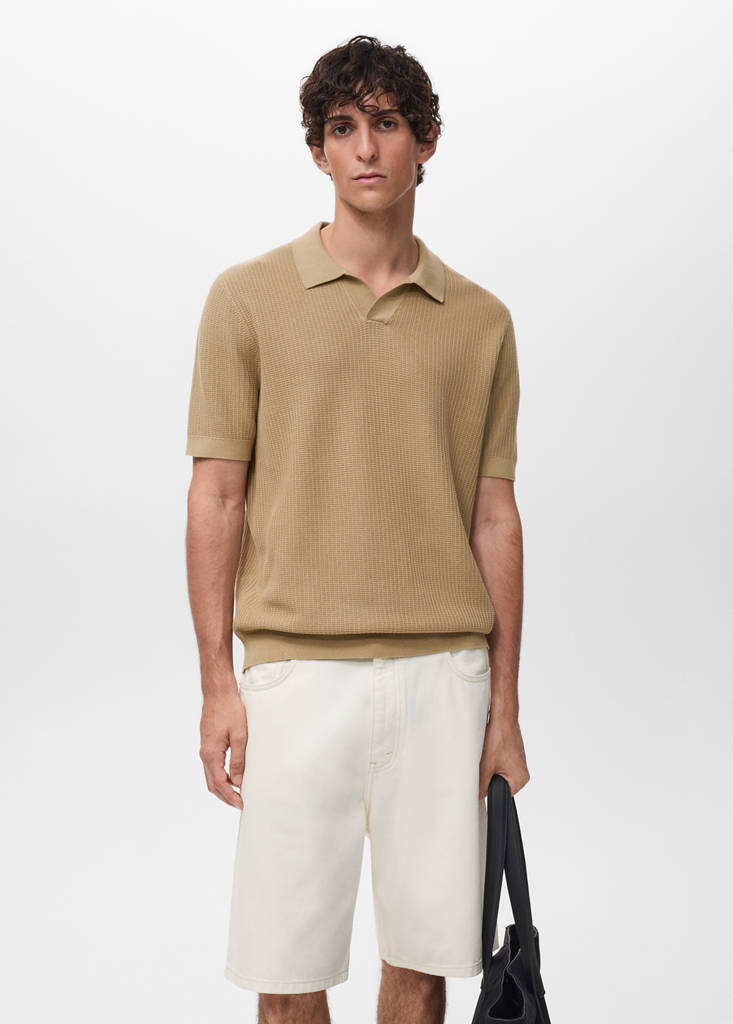 Structured cotton knitted polo shirt — Beige