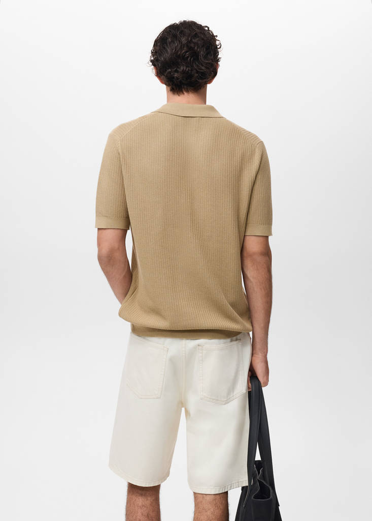 Structured cotton knitted polo shirt — Beige