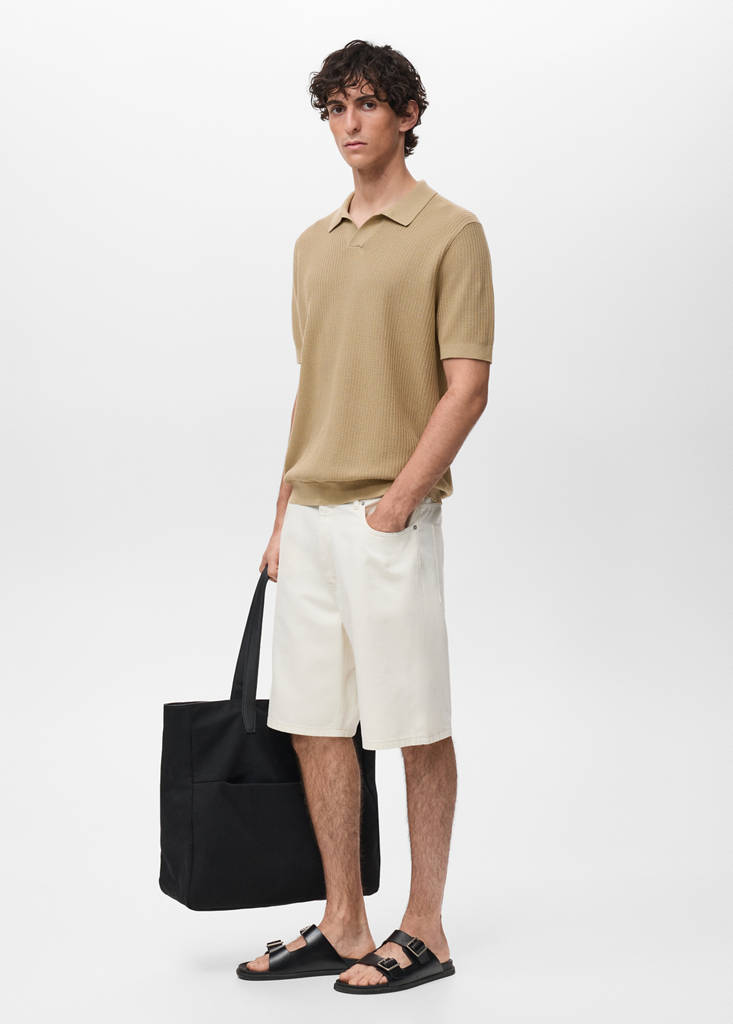 Structured cotton knitted polo shirt — Beige