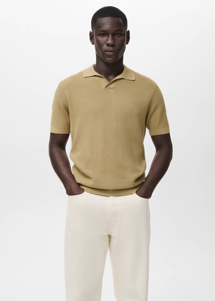 Structured cotton knitted polo shirt — Beige