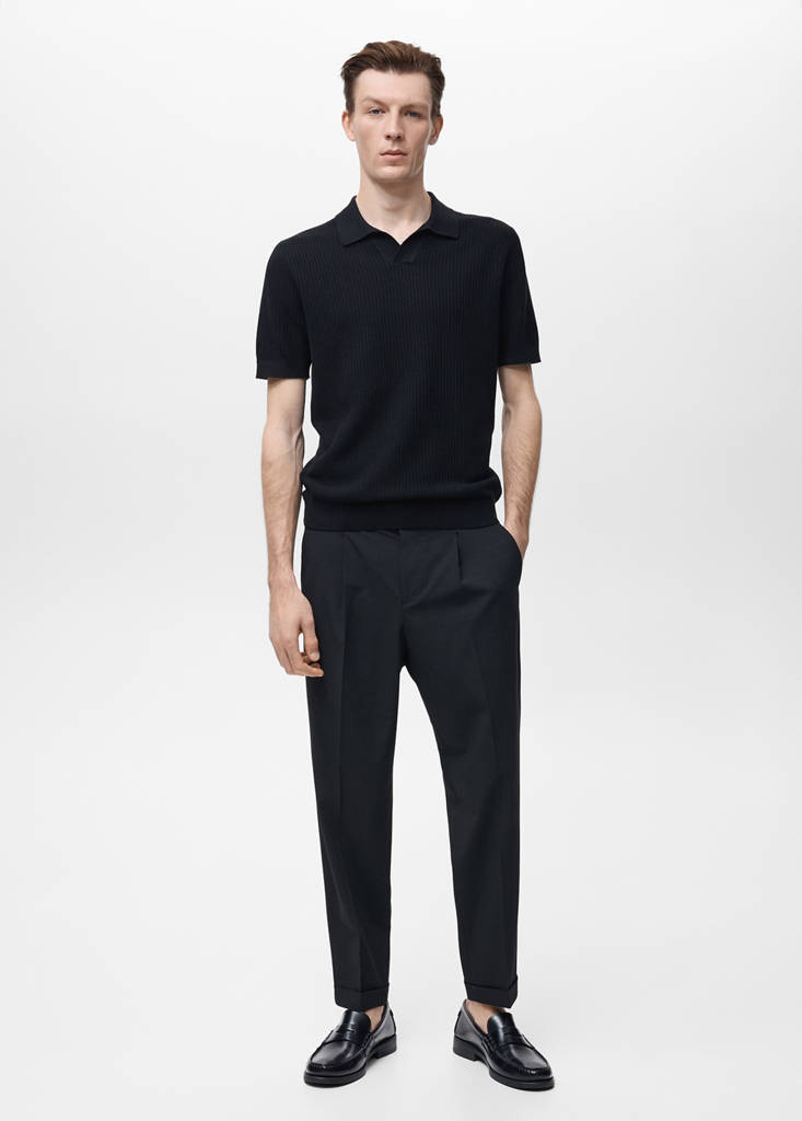 Structured cotton knitted polo shirt — Black