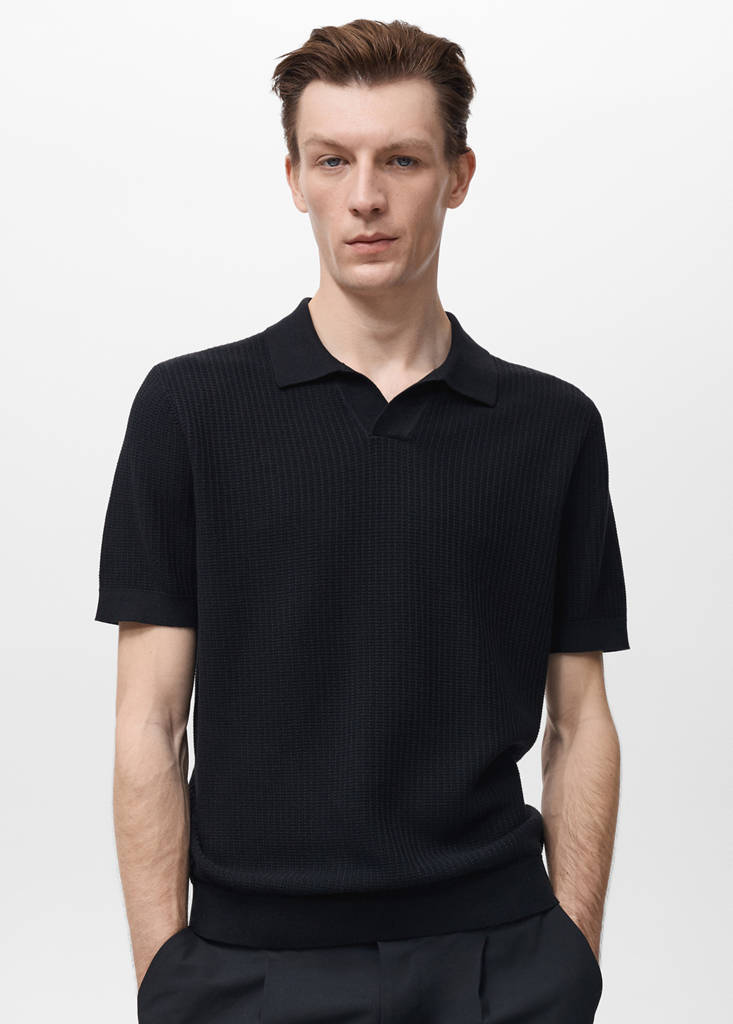 Structured cotton knitted polo shirt — Black