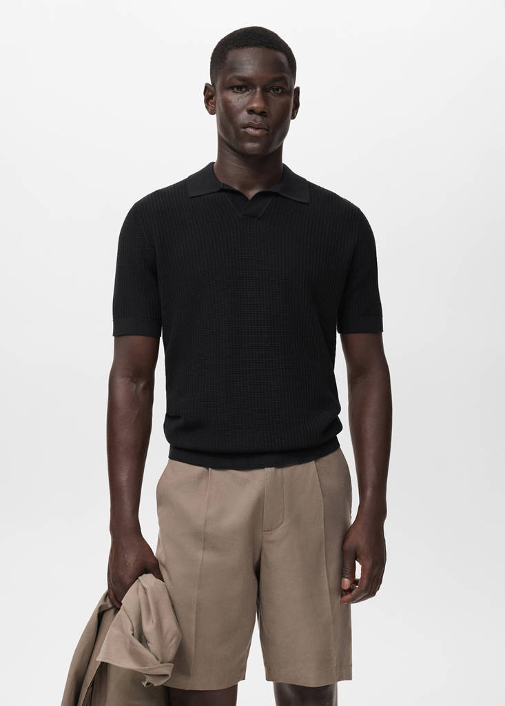 Structured cotton knitted polo shirt — Black