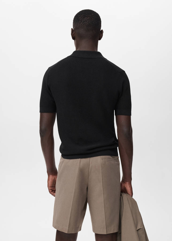 Structured cotton knitted polo shirt — Black