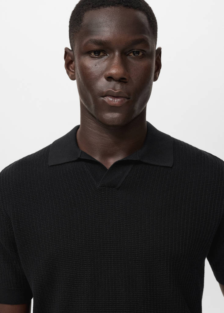 Structured cotton knitted polo shirt — Black