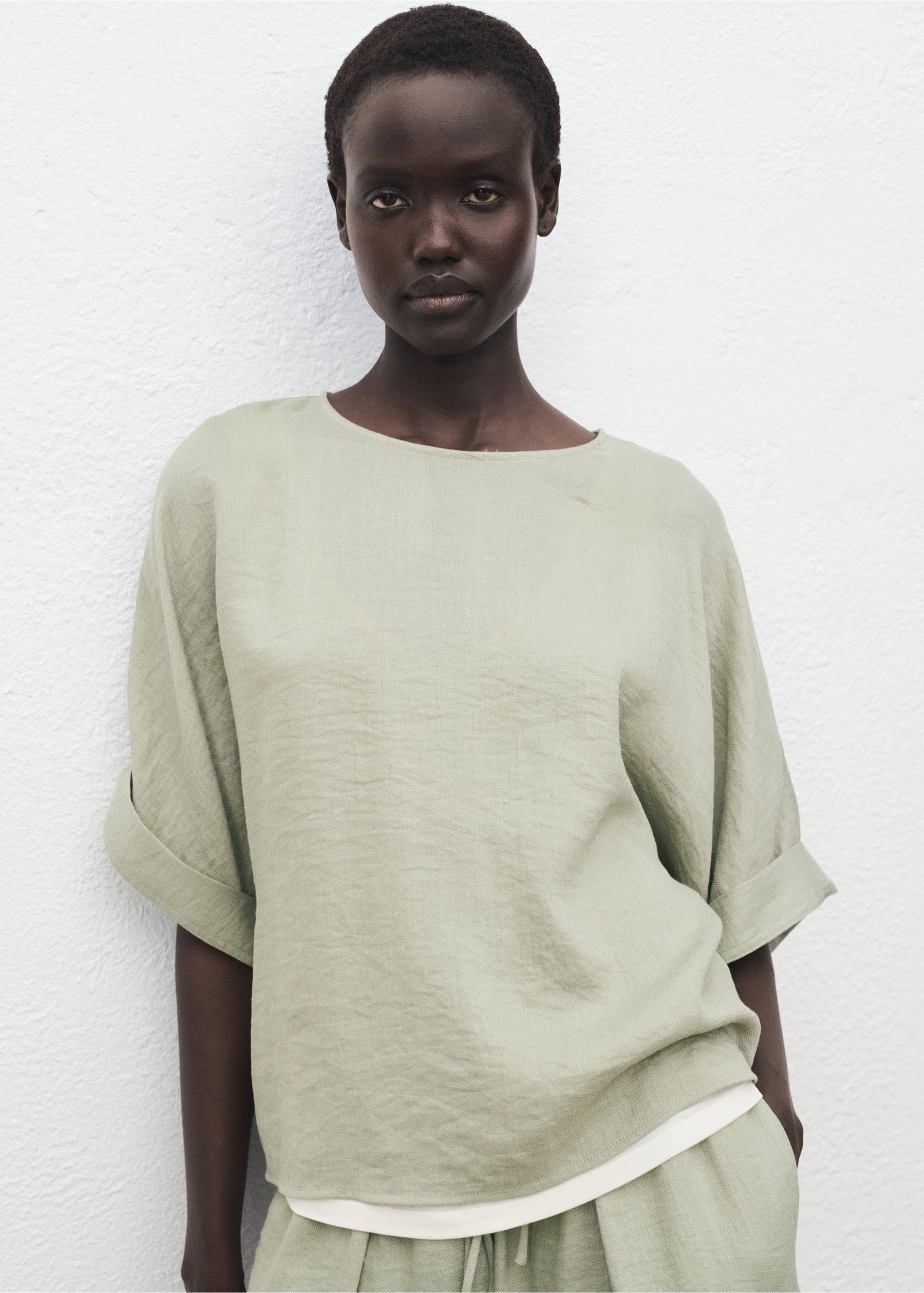 Oversized blouse with turn-up sleeves - Medium plane, Aqua Green. Ref: 17013797-00.