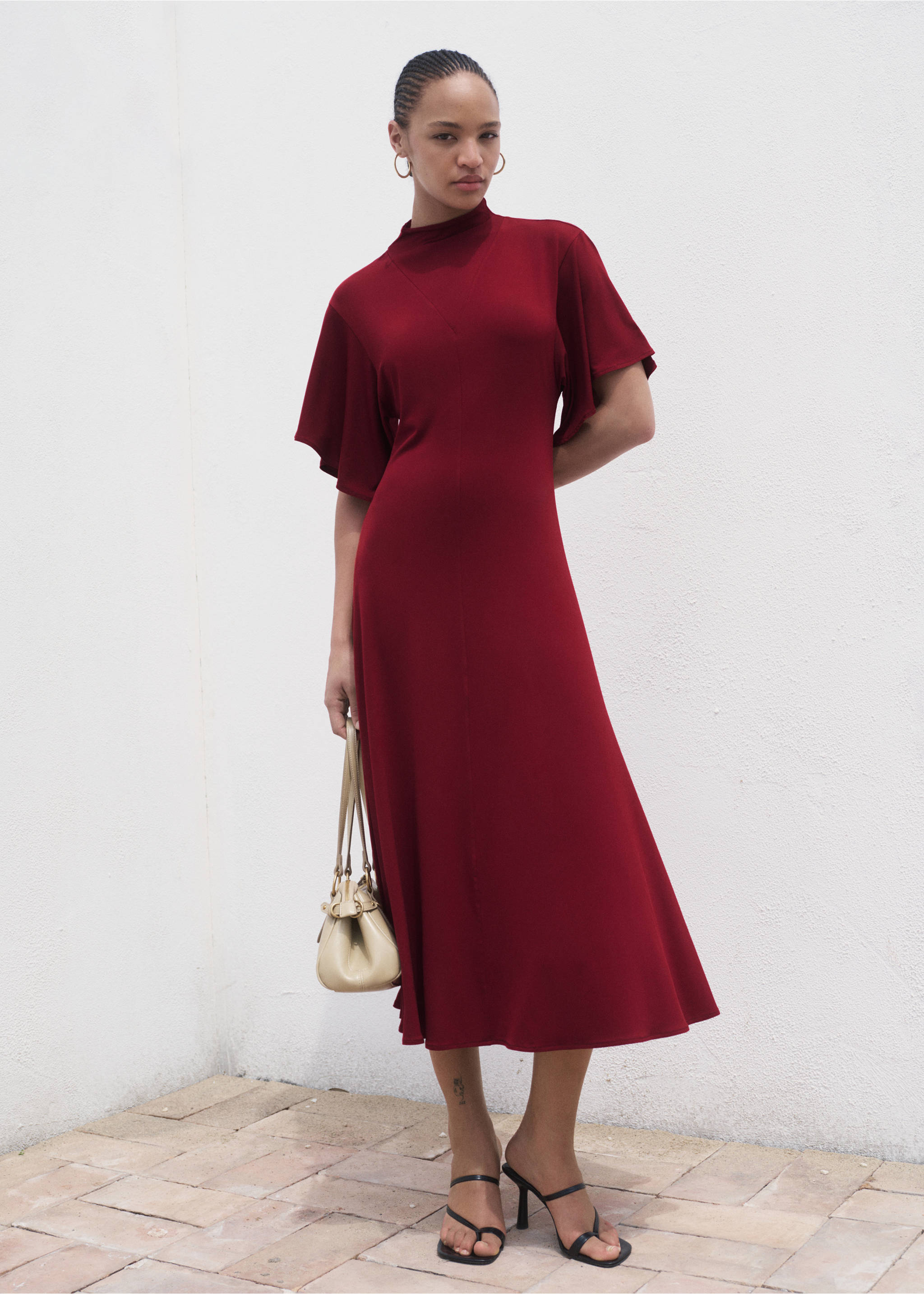 A-line dress with bell sleeves - General plane, Burgundy. Ref: 17014078-00.