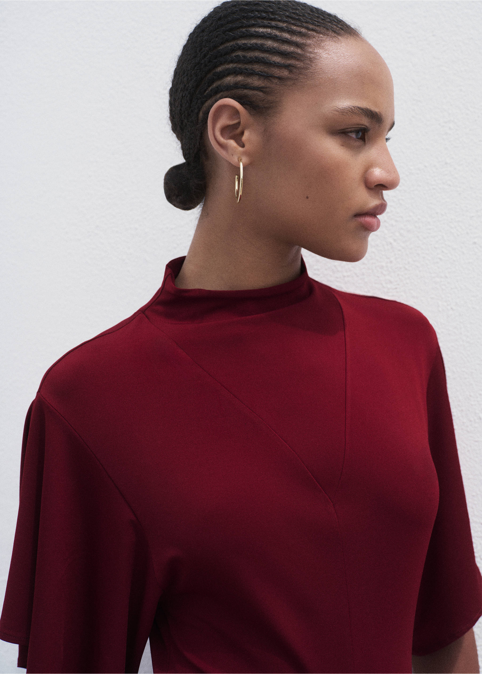 A-line dress with bell sleeves - Details of the article 1, Burgundy. Ref: 17014078-00.
