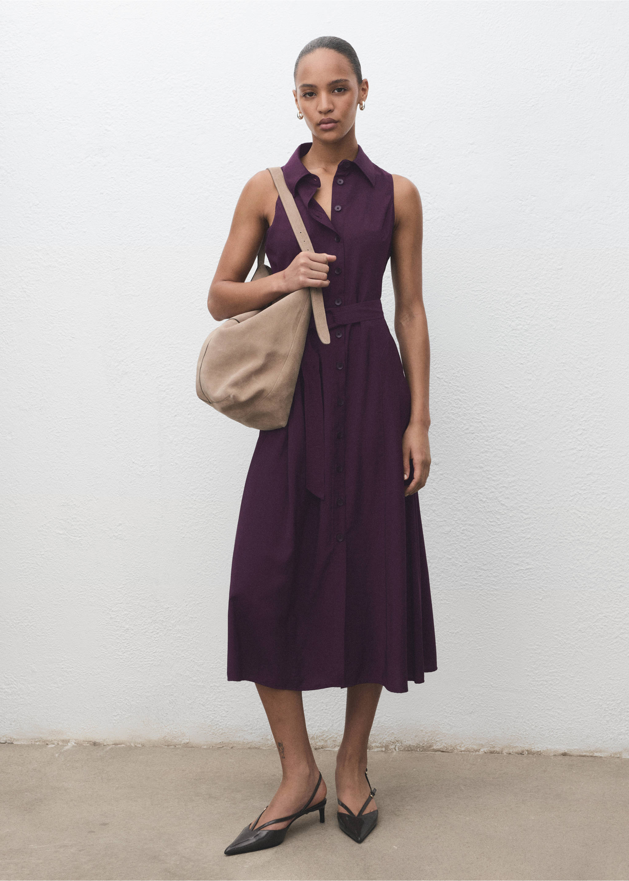 Robe chemisier ceinture - Plan général, Violet. Ref: 17014085-00.