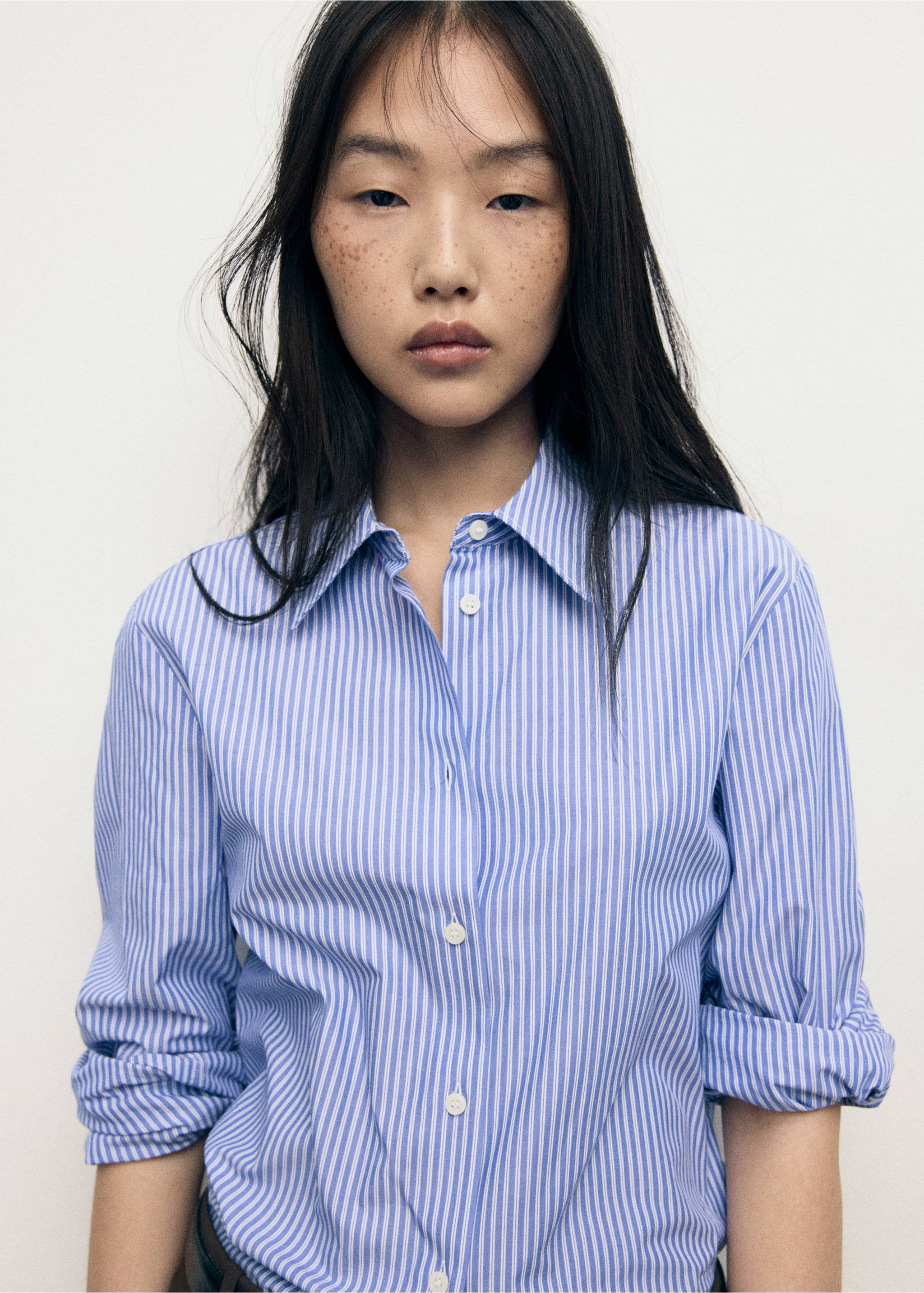 Chemise droite mélange coton et lyocell - Plan moyen, Bleu. Ref: 17014088-00.