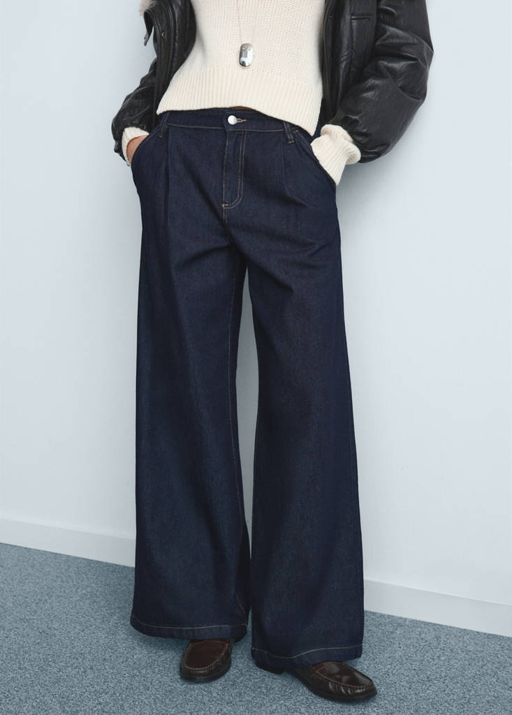 Wide leg pleated jeans — Dark Blue