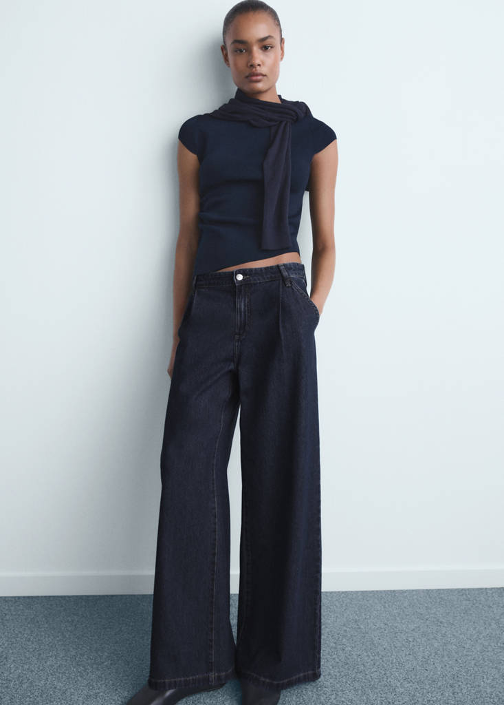 Wide leg pleated jeans — Dark Blue
