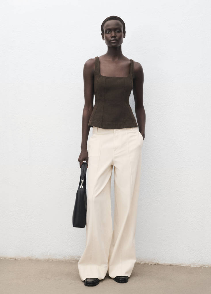Wide leg denim pants with stitching — Ecru