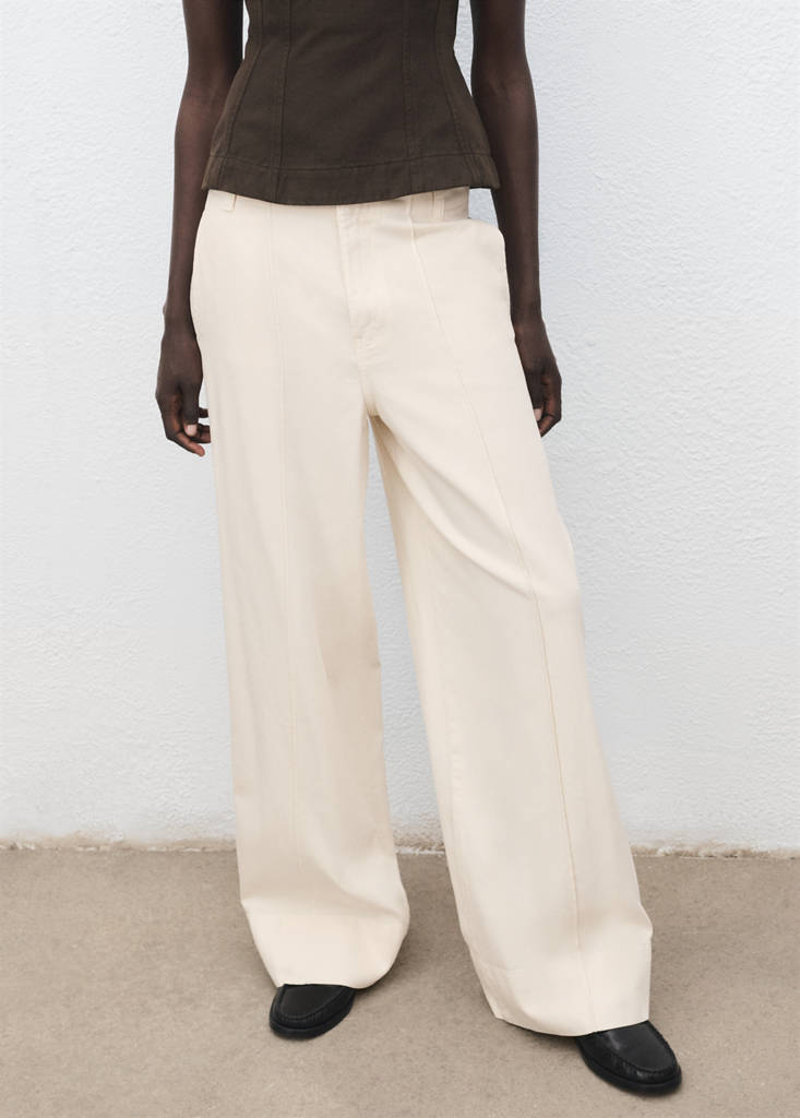 Wide leg denim pants with stitching — Ecru