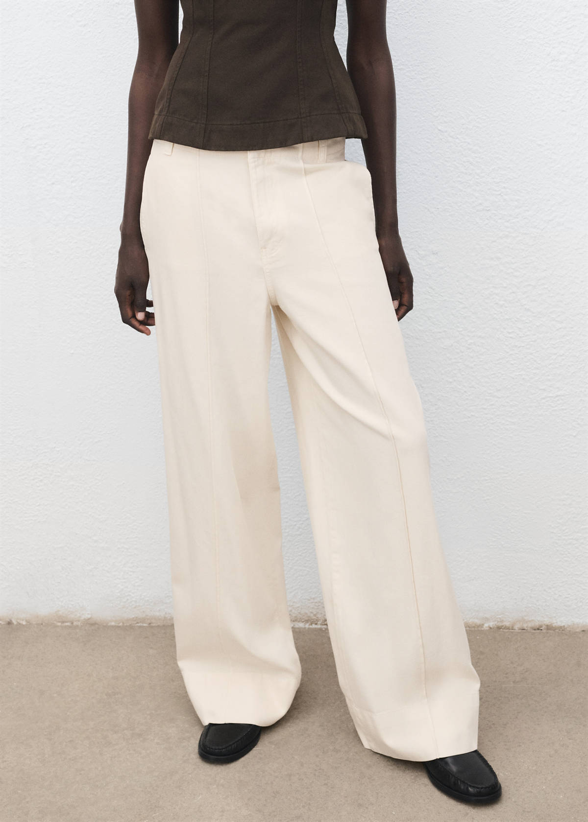 Wide leg denim pants with stitching — Ecru