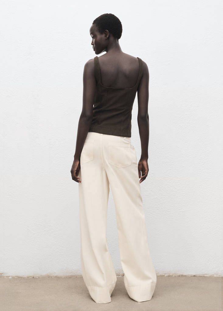 Wide leg denim pants with stitching — Ecru