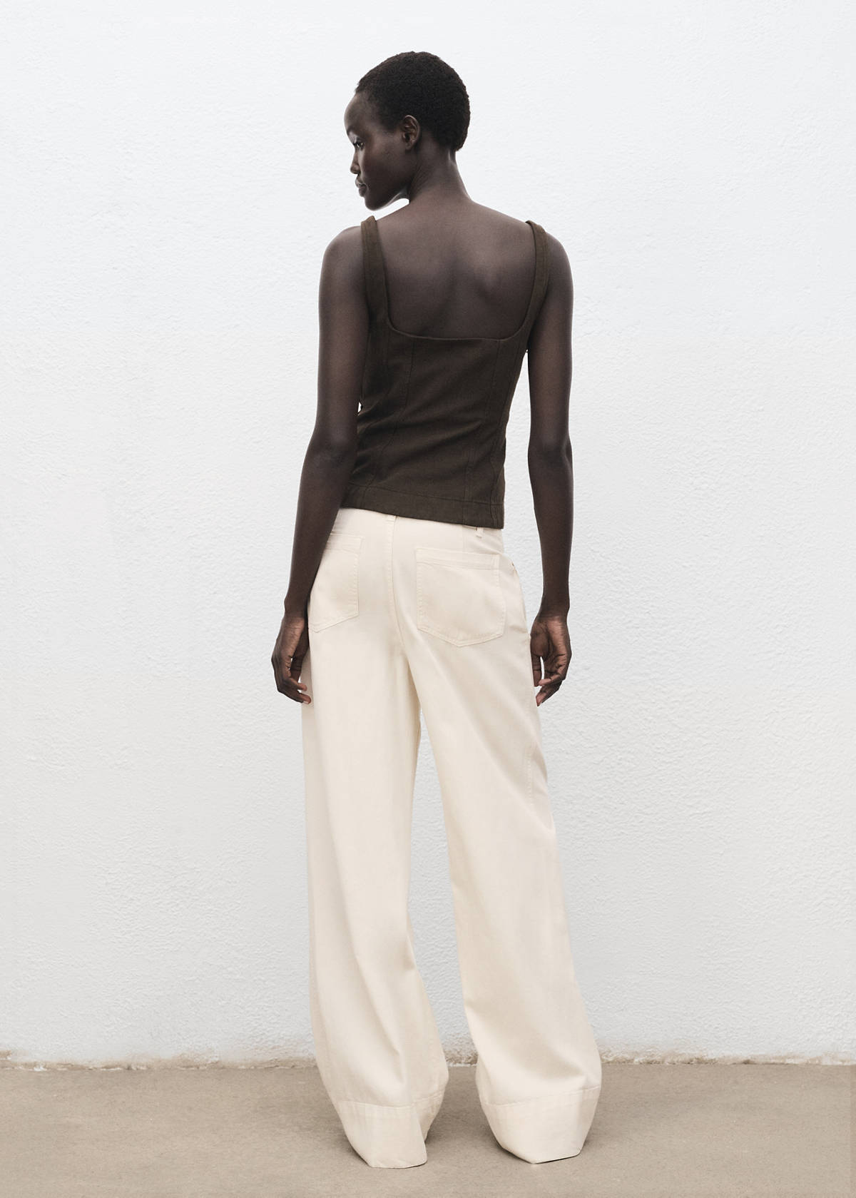 Wide leg denim pants with stitching — Ecru