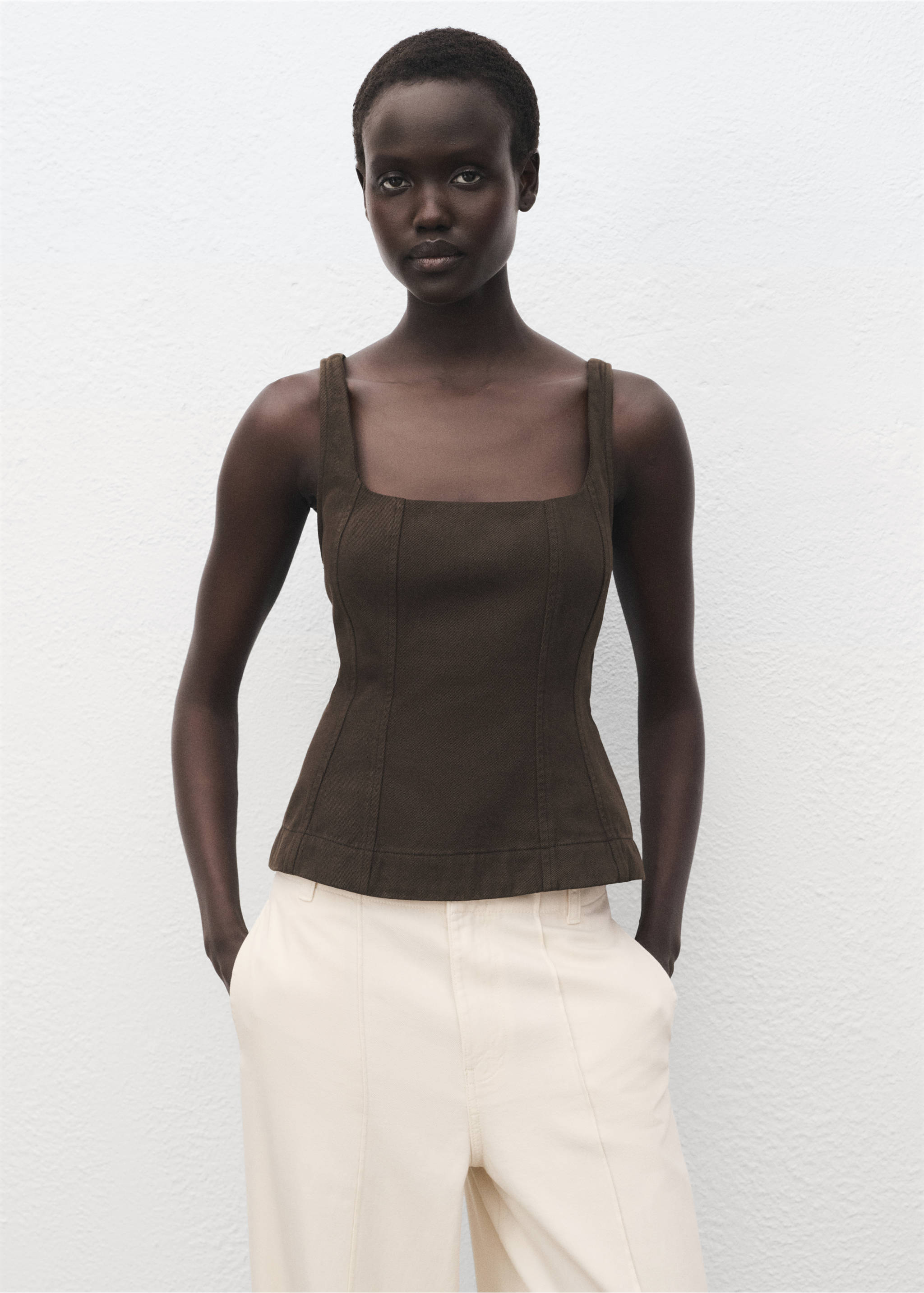 Wide leg denim pants with stitching - Details of the article 1, Ecru. Ref: 17014103-00.