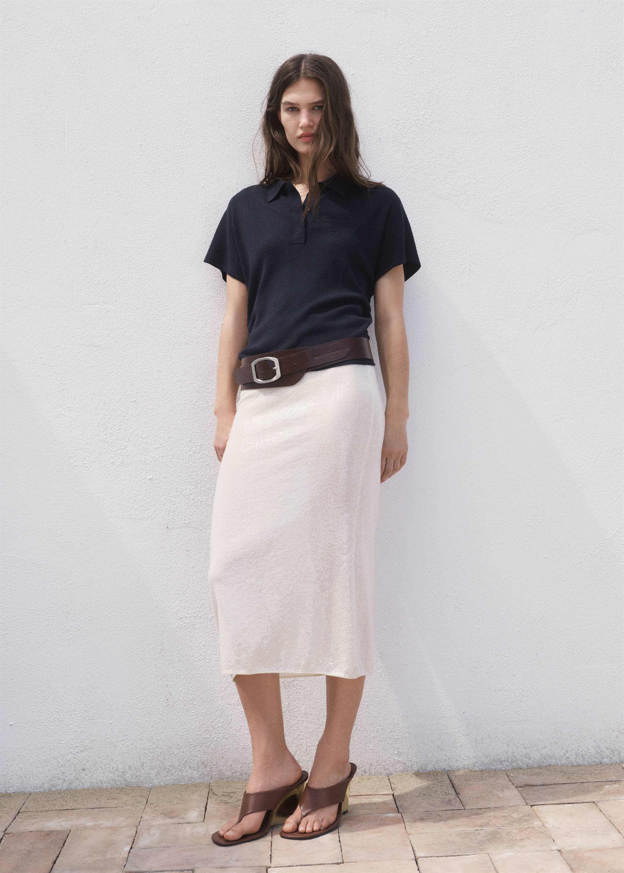 Stickad kortärmad tröja tenniskrage - Allmän bild