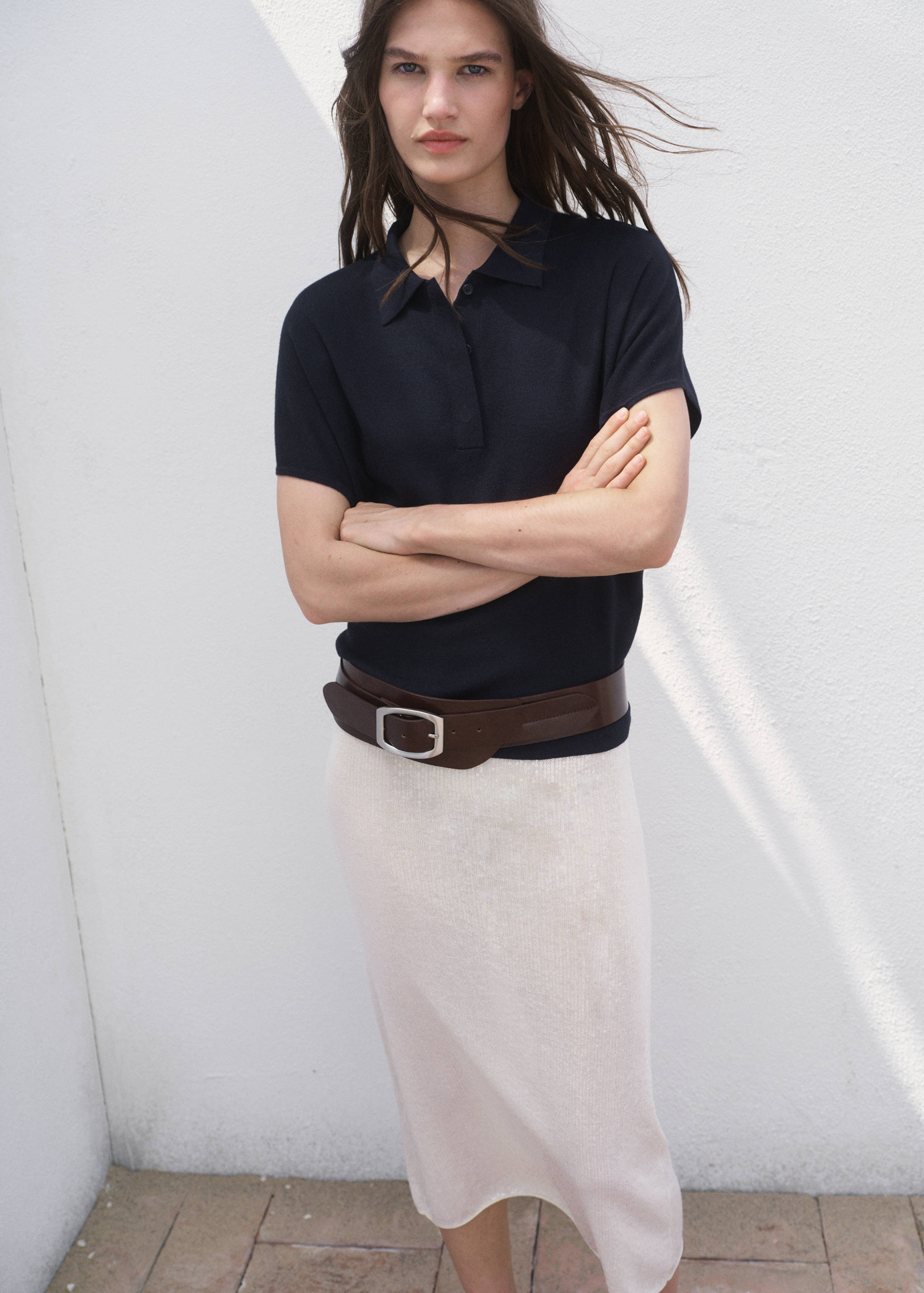 Stickad kortärmad tröja tenniskrage - Bild av mittparti