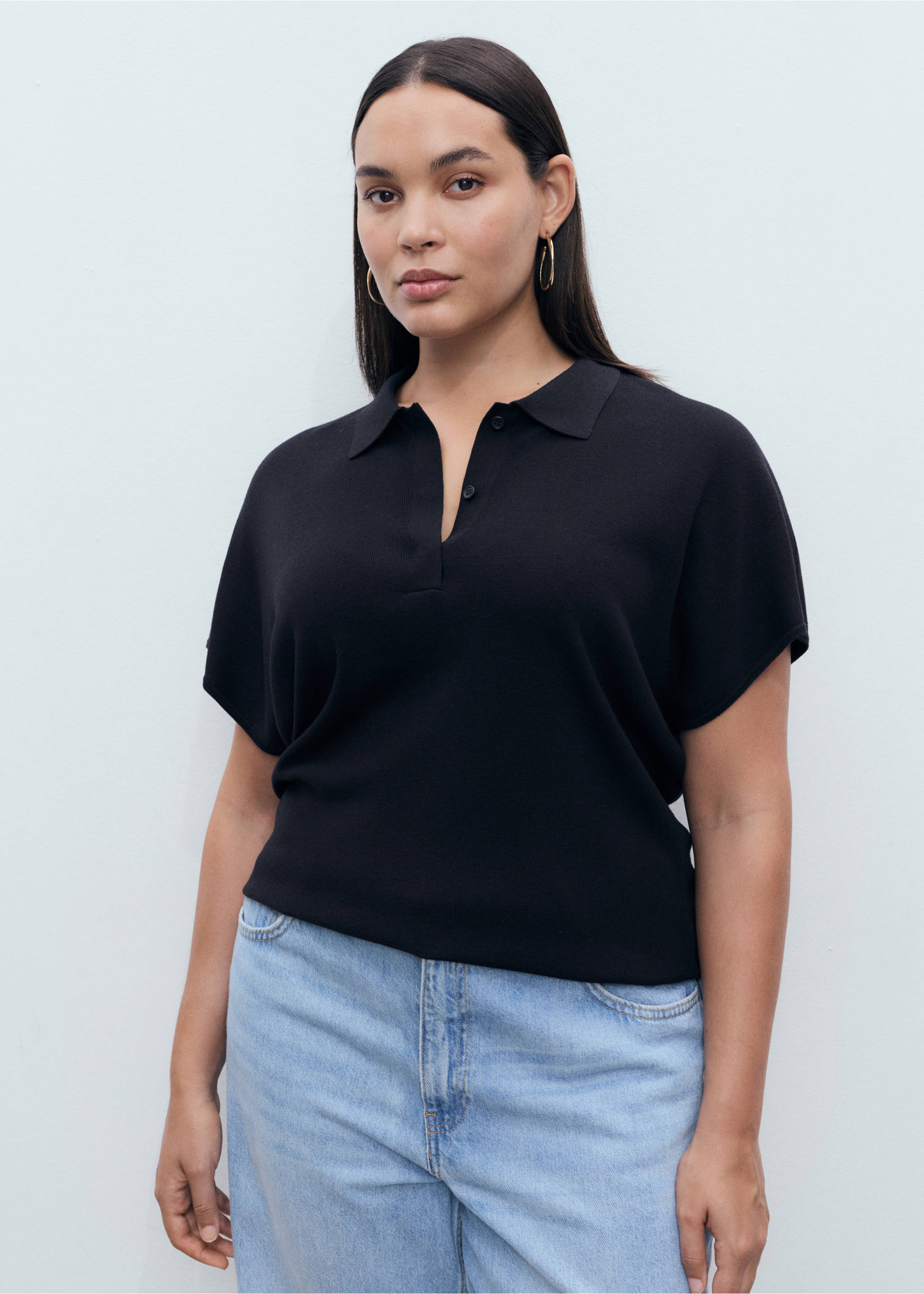 Short-sleeved polo-neck sweater - Details of the article 5, Navy. Ref: 17014105-00.