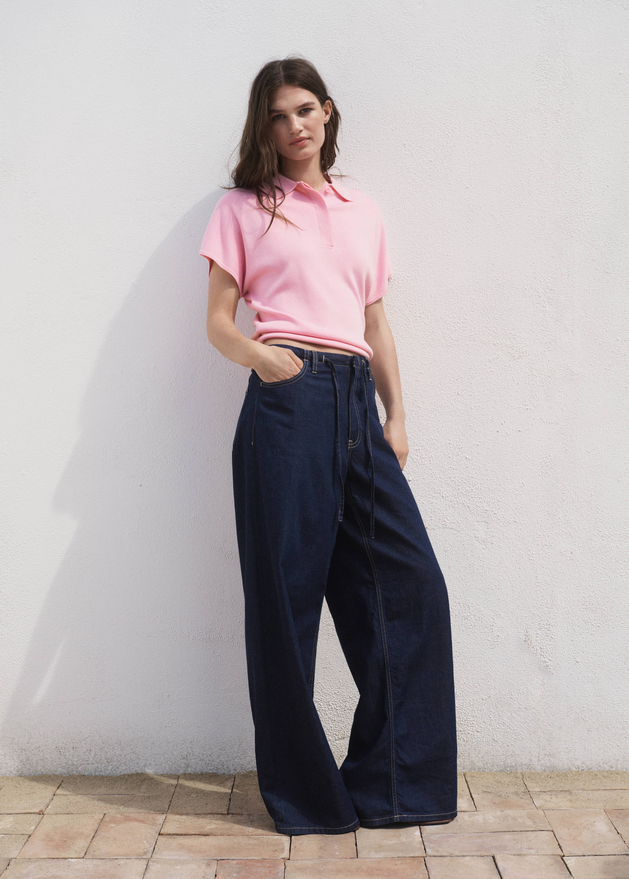 Stickad kortärmad tröja tenniskrage - Allmän bild