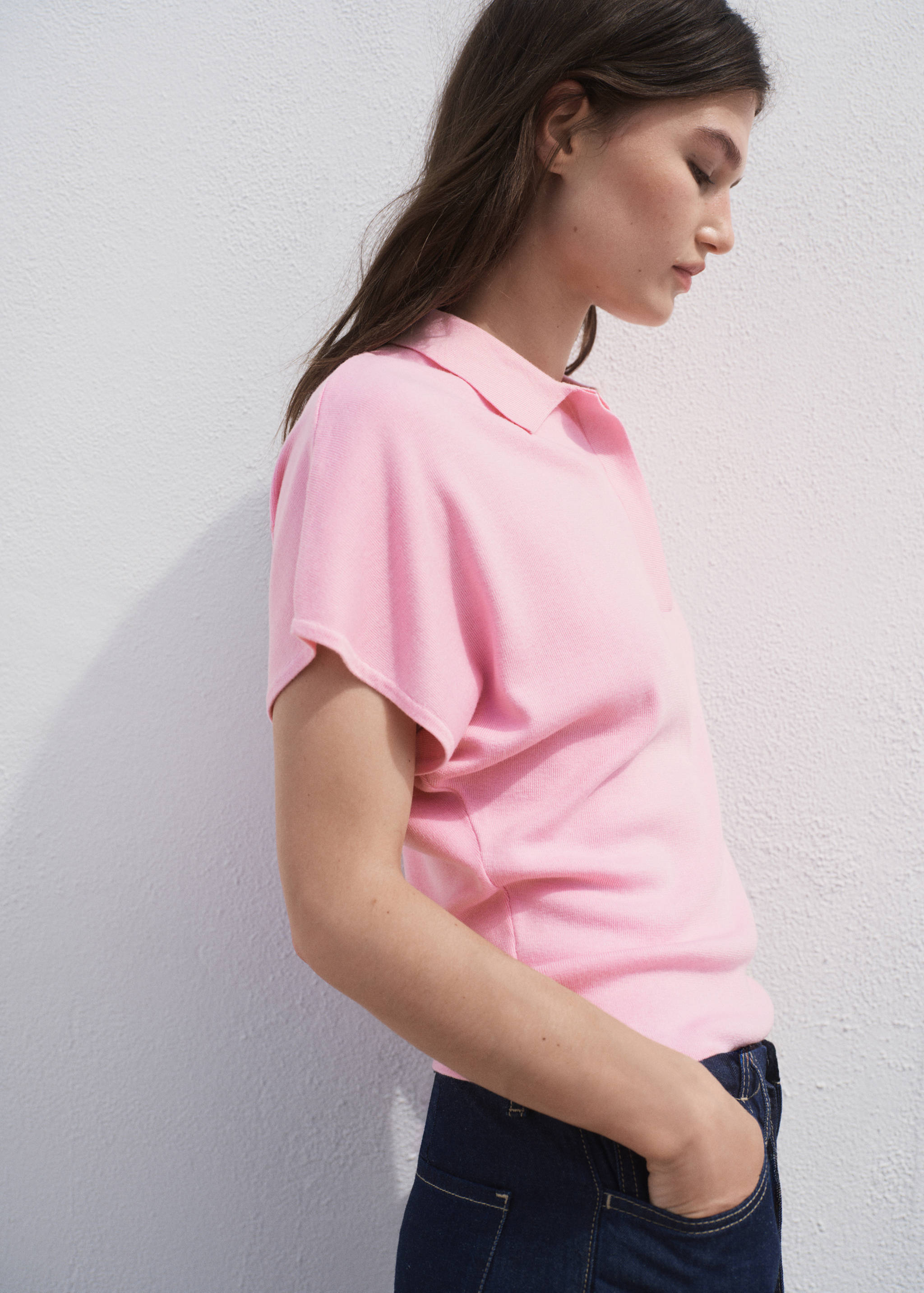 Stickad kortärmad tröja tenniskrage - Bild av mittparti