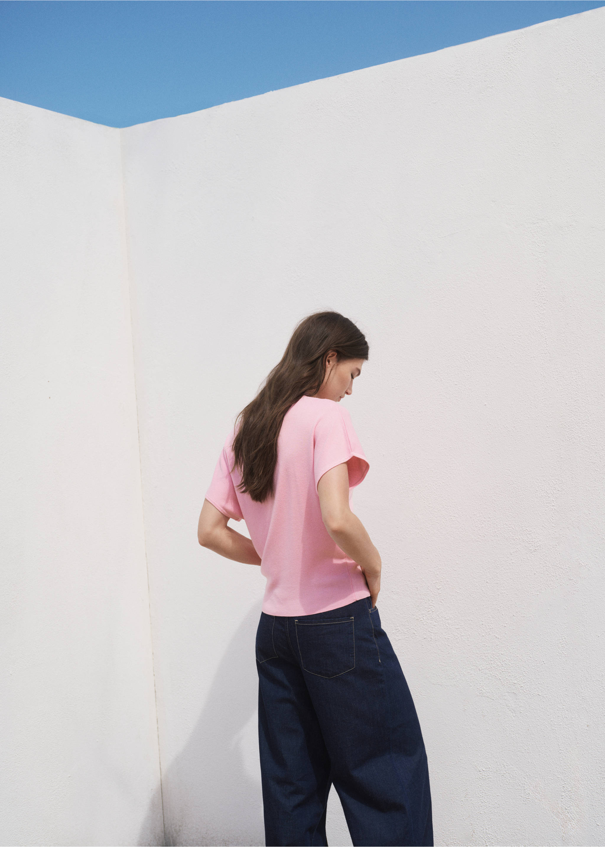 Short-sleeved polo-neck sweater - Reverse of the article, Pink. Ref: 17014105-00.
