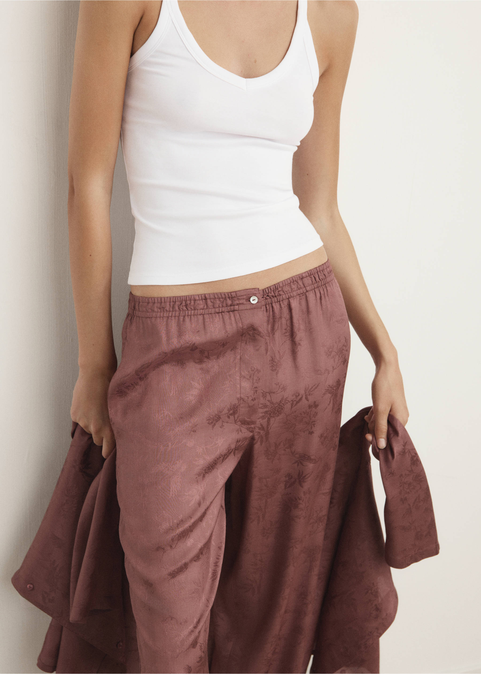 Pantalon de pyjama en satin jacquard - Plan moyen, Marron. Ref: 17014109-00.