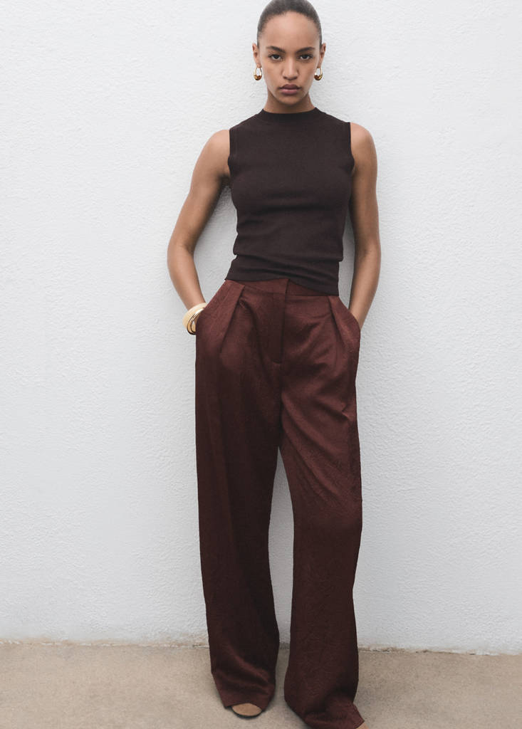 Straight-leg crinkled-effect trousers — Chocolate