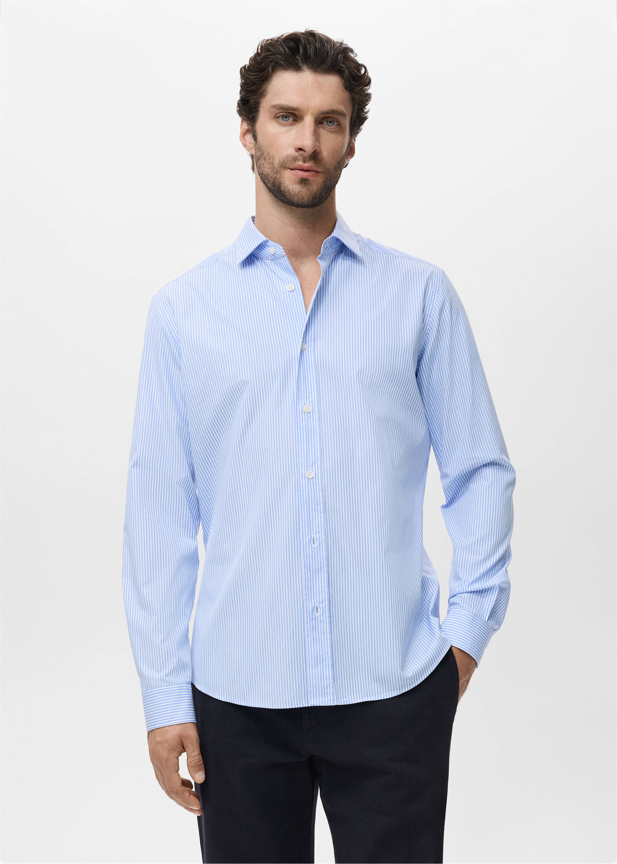 Рубашка regular fit из хлопка в полоску - Средний план, Небесно-голубой. Ref: 17014438-00.