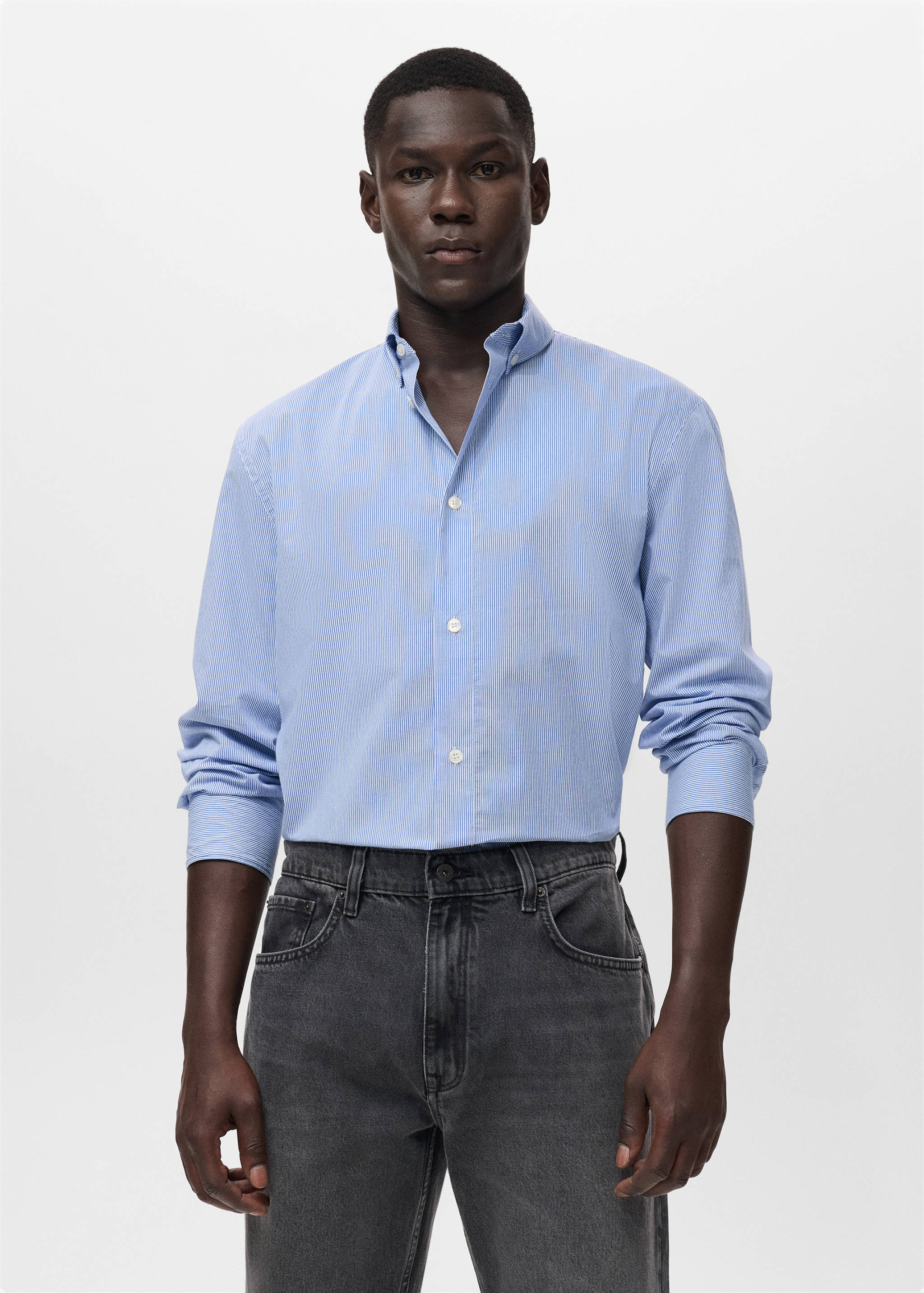 Camisa de algodão às riscas regular fit - Plano médio