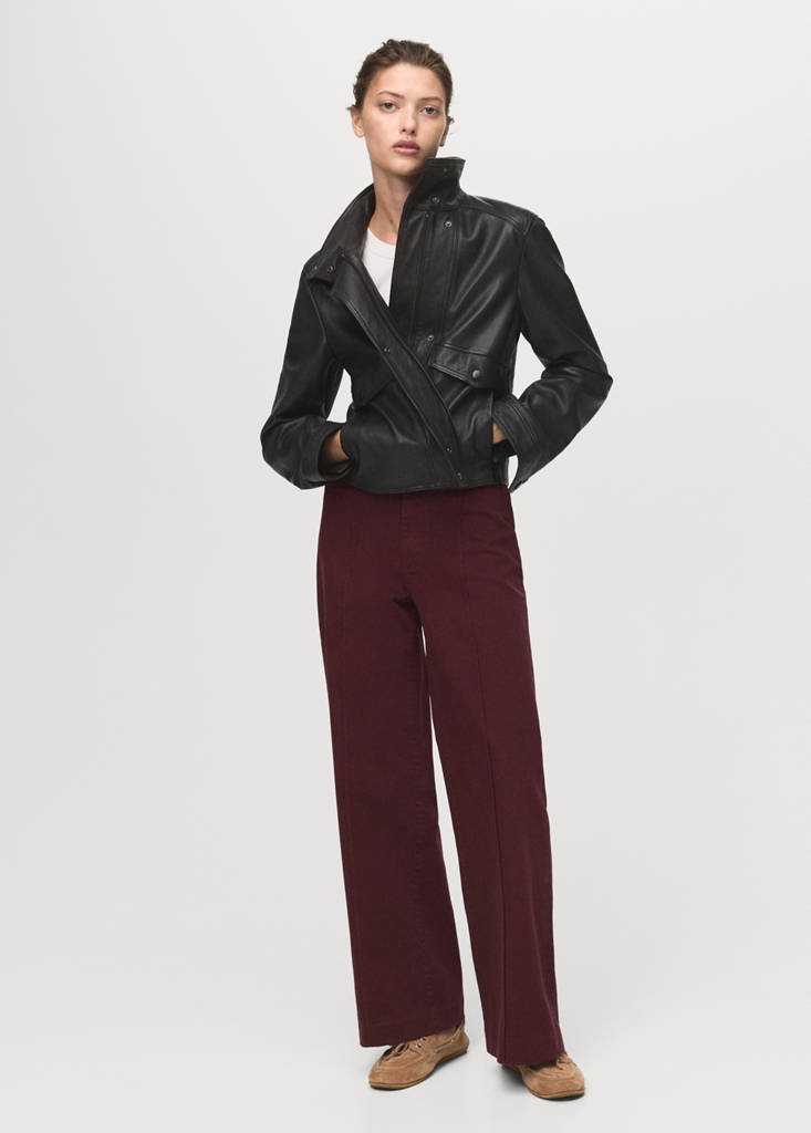 High-waisted wide leg jeans with stitching — Wine