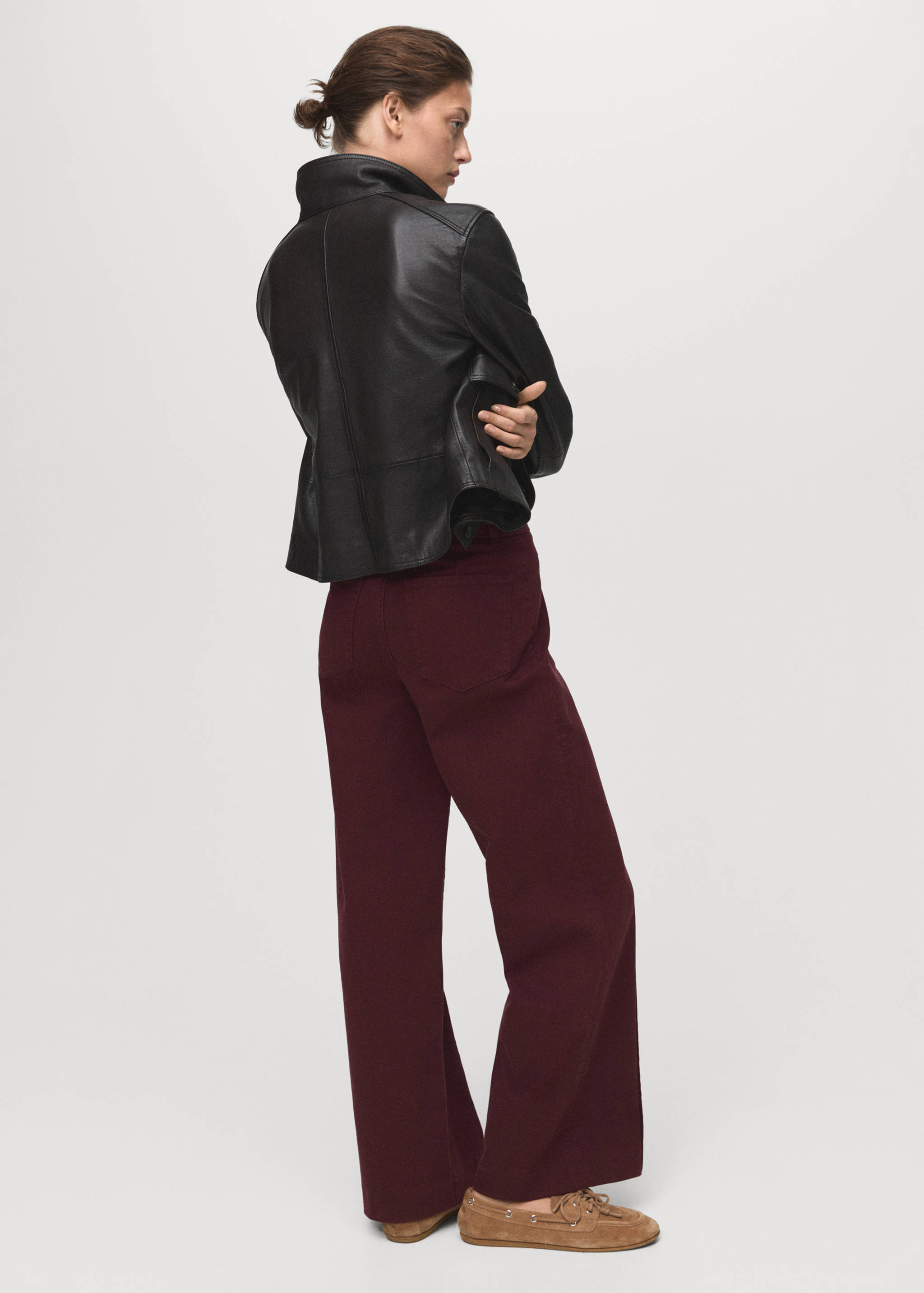 جينز واسع الساق بخصر عالي مع تفاصيل الخياطة - الجهة الخلفية للمنتج