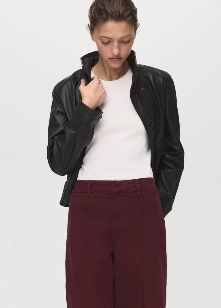 High-waisted wide leg jeans with stitching — Wine