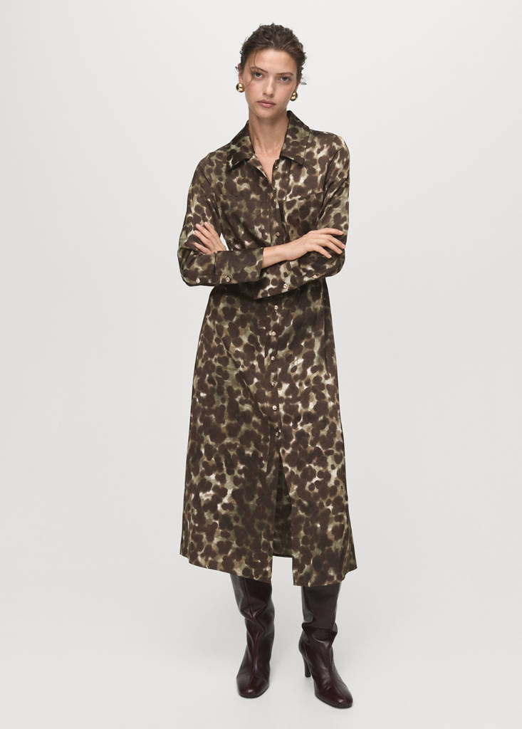 Printed shirt dress with belt — Khaki