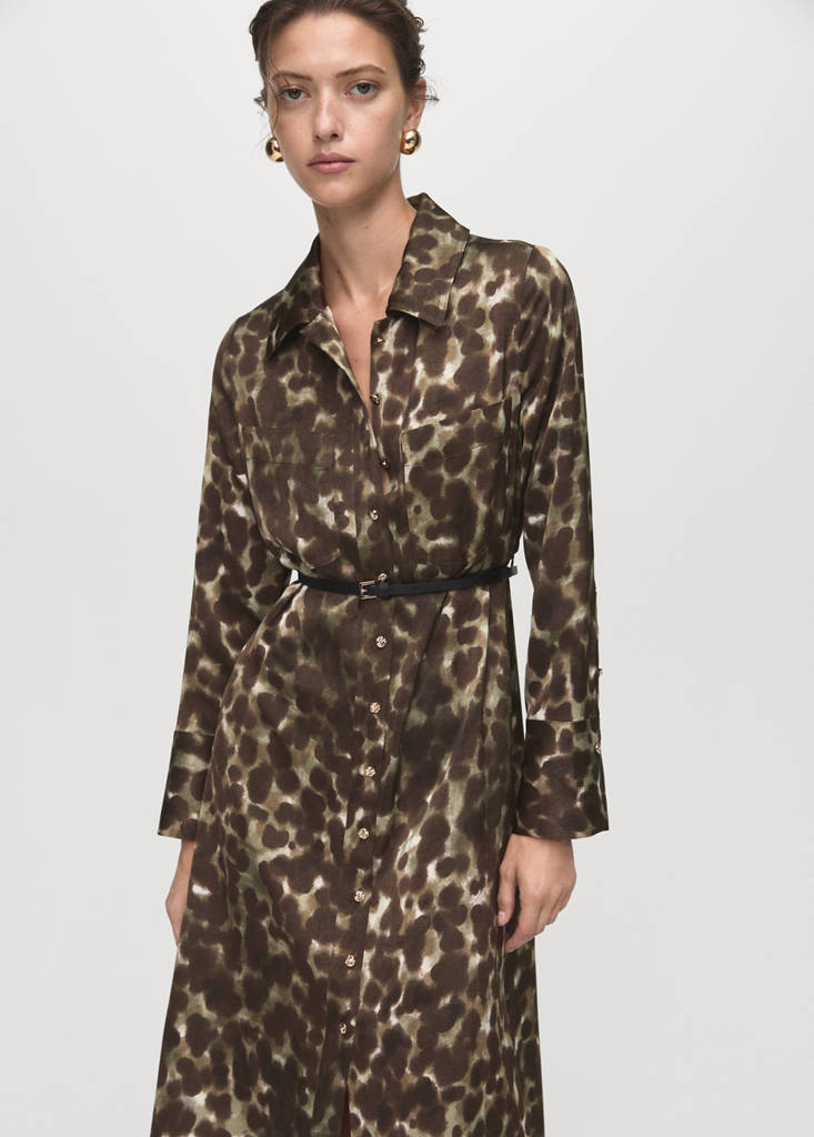 Printed shirt dress with belt — Khaki