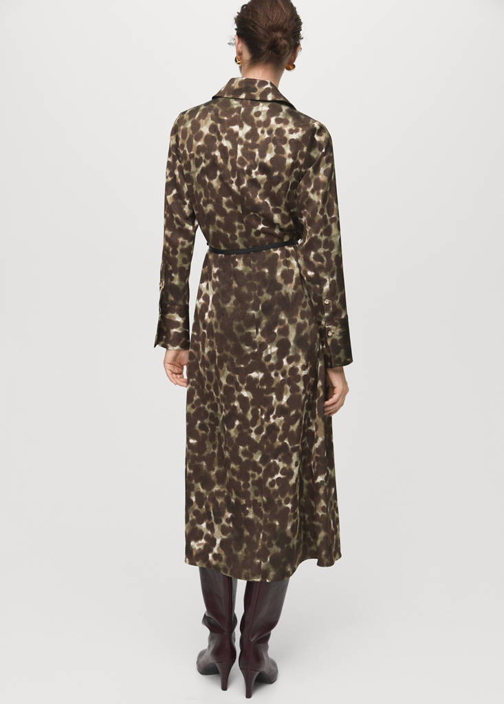 Printed shirt dress with belt — Khaki