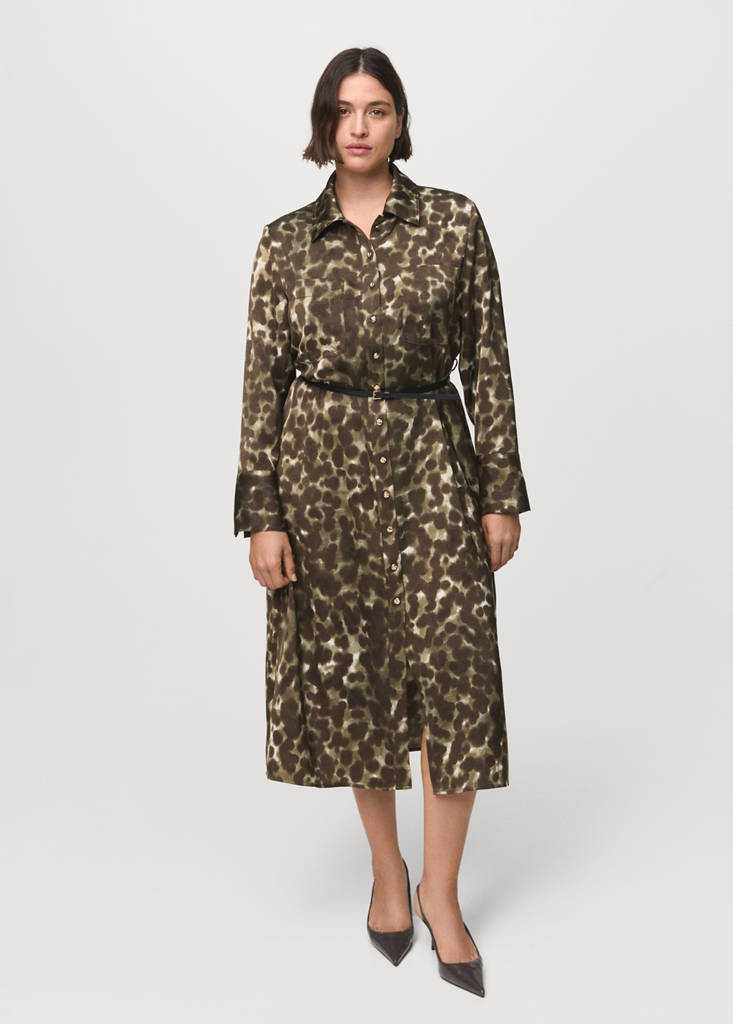 Printed shirt dress with belt — Khaki