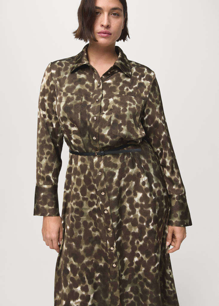 Printed shirt dress with belt — Khaki