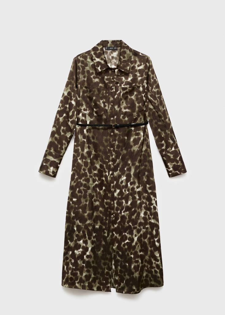 Printed shirt dress with belt — Khaki