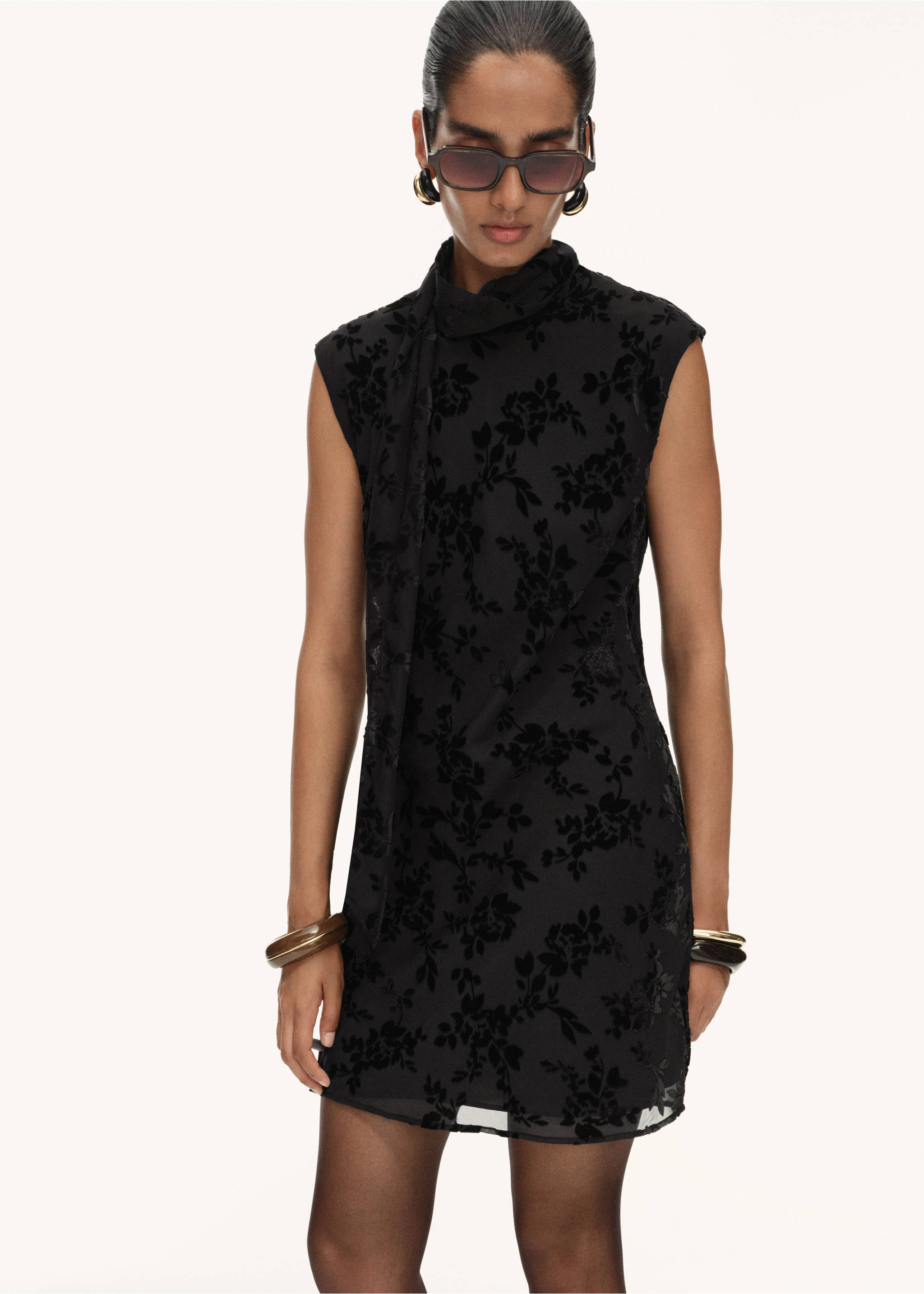 Floral jacquard foulard dress - Medium plane, Black. Ref: 17015826-00.