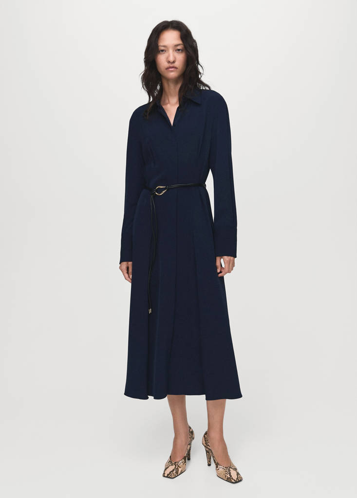 MANGO - Robe chemisier ceinture bleu marine - S