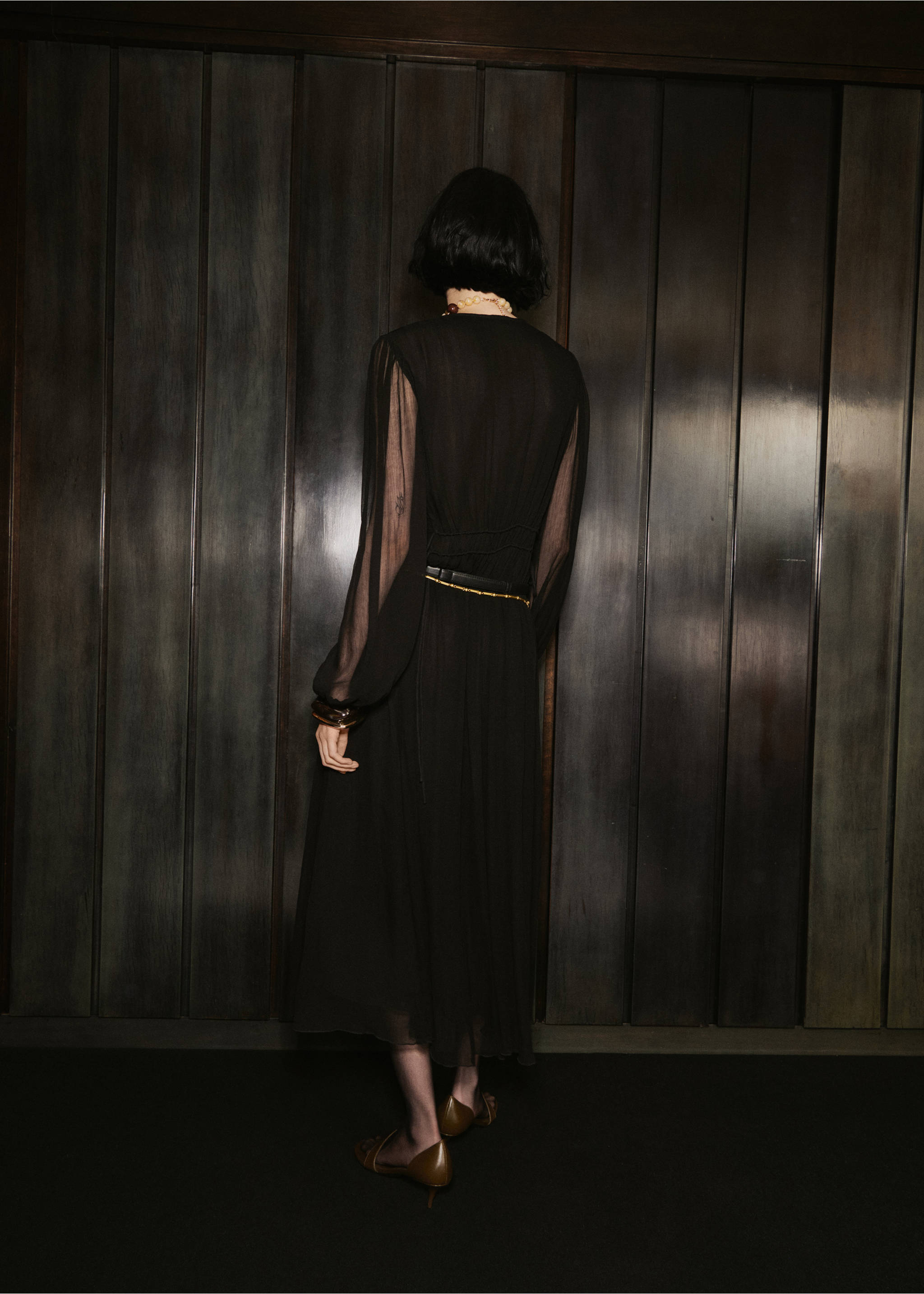Puff-sleeved chiffon dress - Reverse of the article, Black. Ref: 17015830-00.