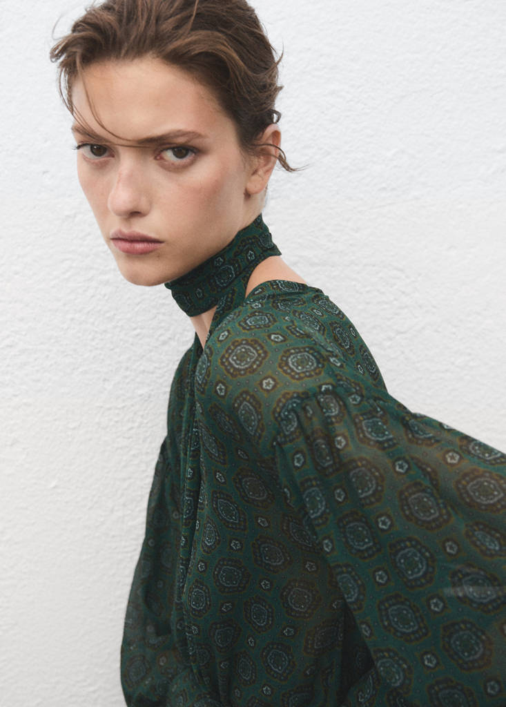 Printed dress with foulard — Green