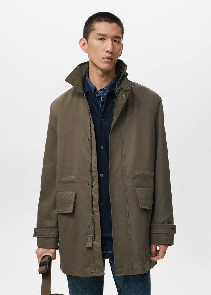 Water-repellent cotton parka with pockets — Olive Green