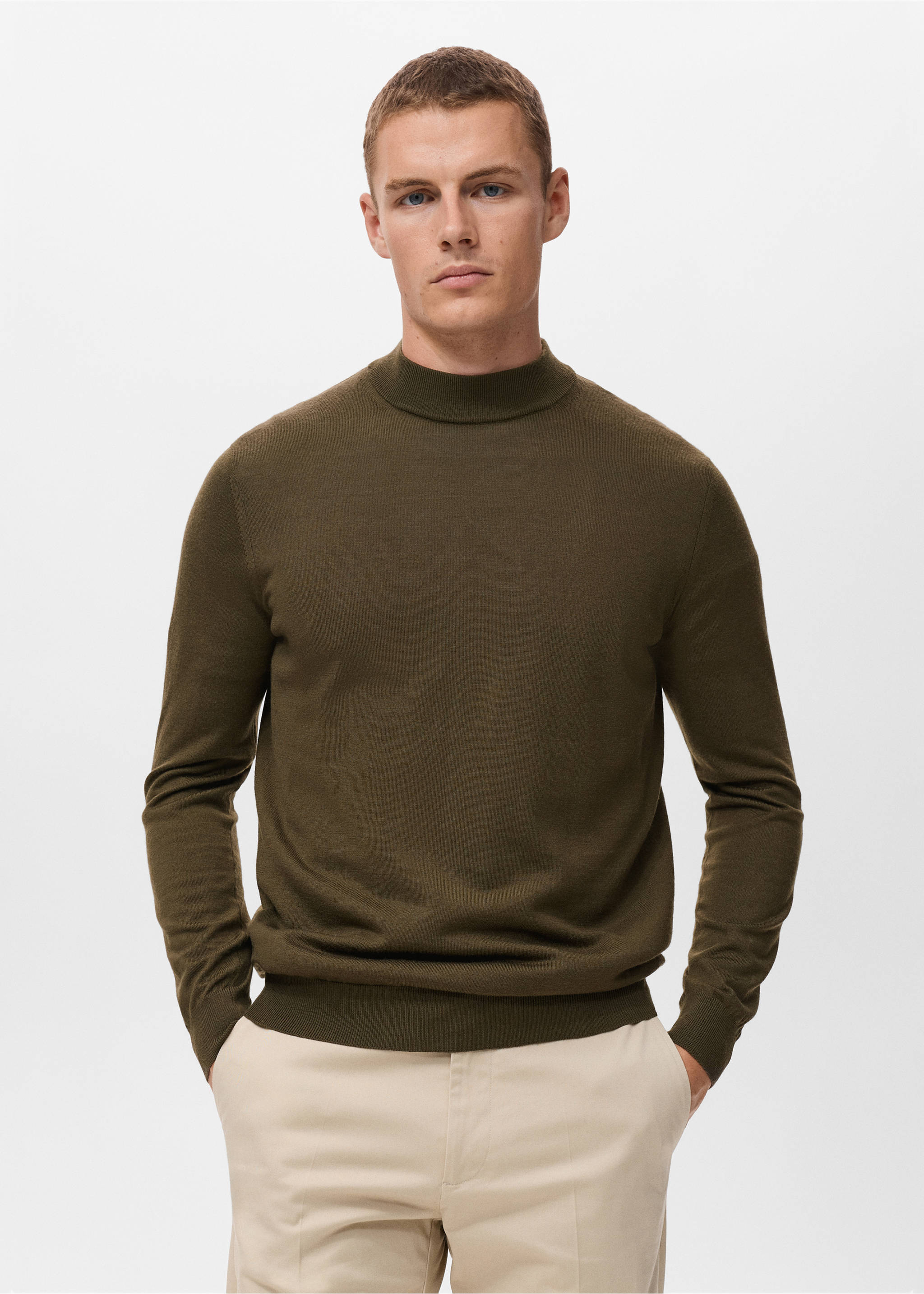 100% merino wool roll neck jumper - Medium plane, Olive Green. Ref: 17015973-00.