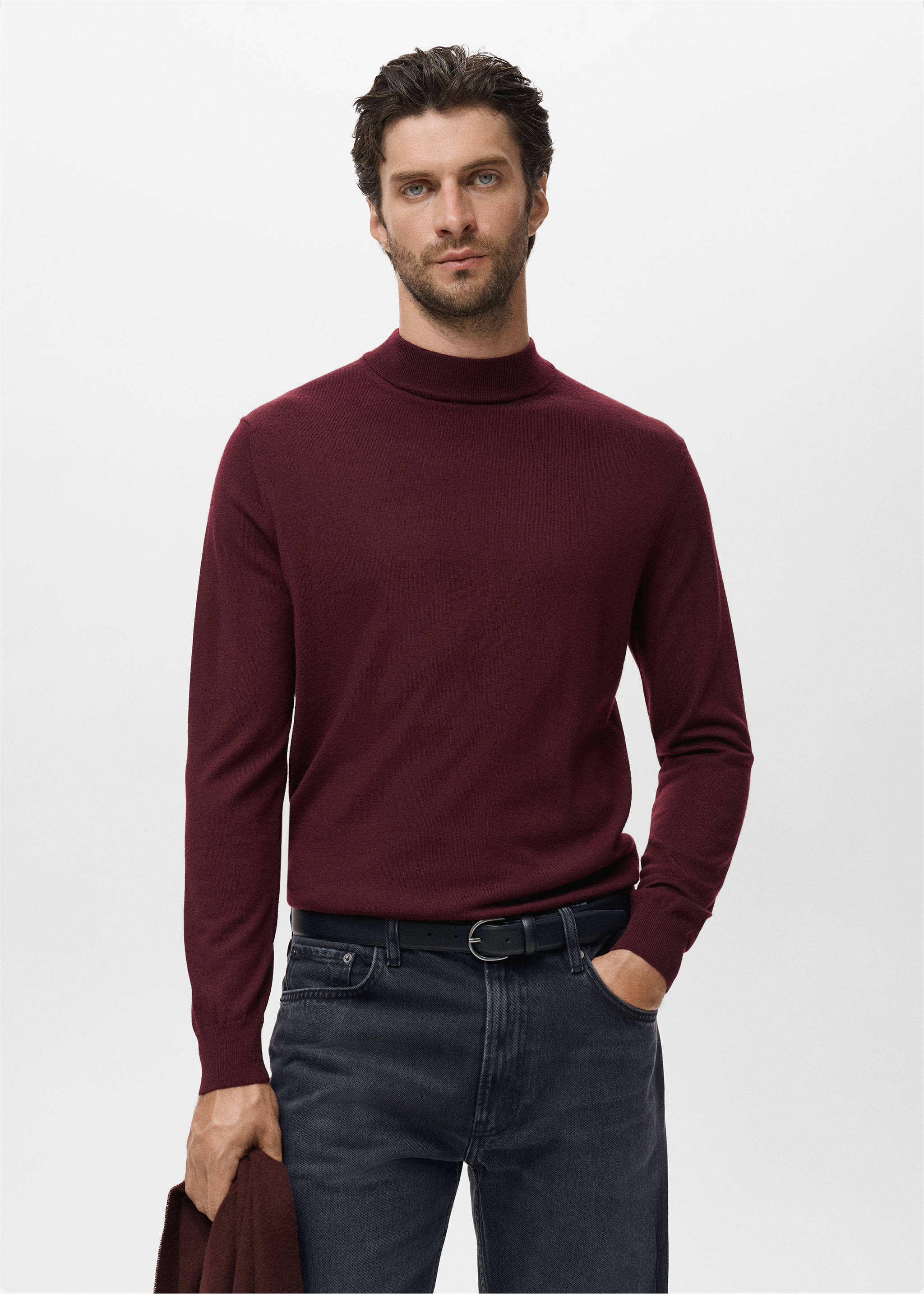 100% merino wool roll neck jumper - Medium plane, Wine. Ref: 17015973-00.