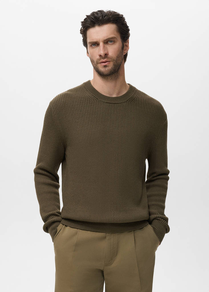 Fine rib-knit cotton sweater — Olive Green